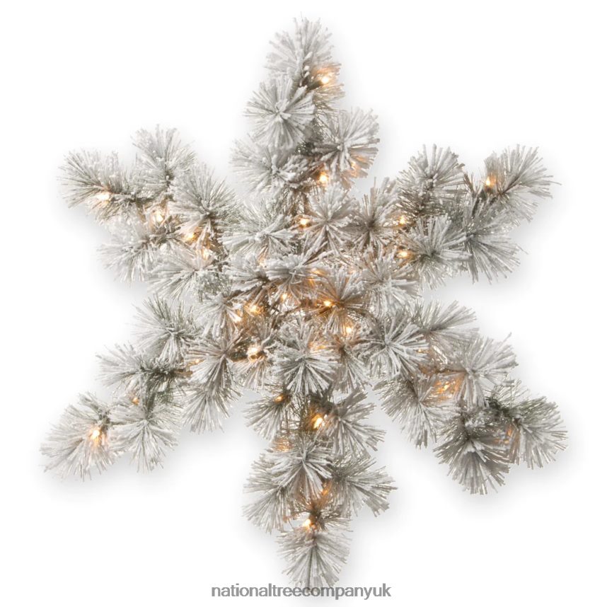 Greenery | National Tree Company Pre-Lit Artificial Christmas Hanging Snowflake Green Snowy Bristle Pine Decorated with Frosted Branches Christmas Collection 32 Inches F2L4F478